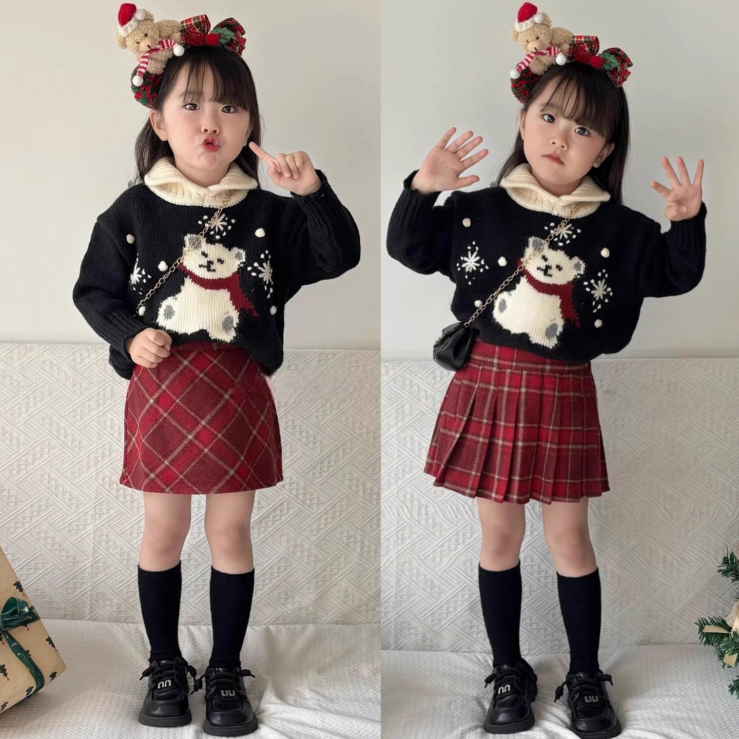 女童毛呢半身裙红色格子短裙圣诞节秋冬洋气儿童A字包臀百褶裙裤