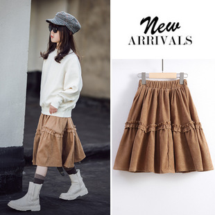 儿童灯芯绒半身裙秋冬中长款女童卡其色加厚大童花边短裙韩版洋气