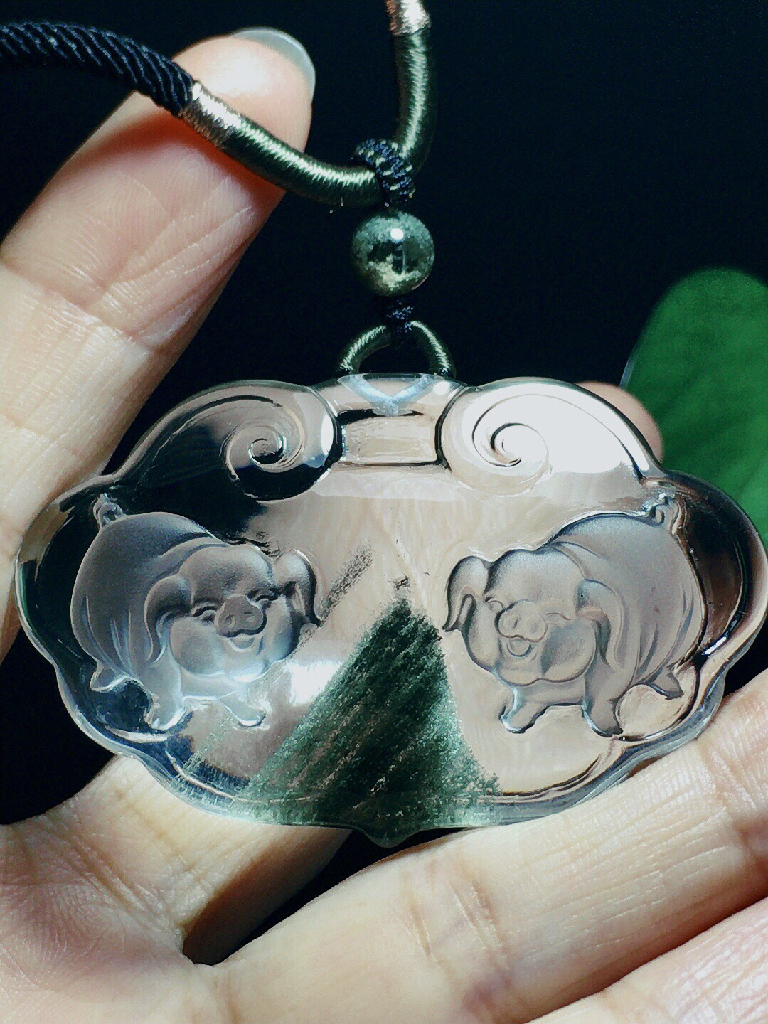 天然绿幽灵银山生肖猪如意锁吊坠项链