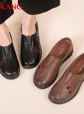 奥康妈妈鞋秋季新款软底舒适女鞋真皮透气中老年皮鞋防滑平底单鞋