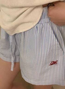 美式复古竖条纹抽绳字母刺绣阔腿短裤女夏季薄款宽松休闲三分裤潮