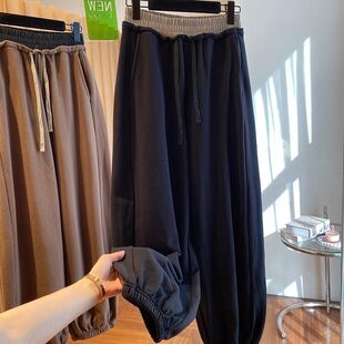 松紧腰宽松显瘦休闲卫裤 女拼色阔腿裤 300斤束脚哈伦裤 胖mm特大码