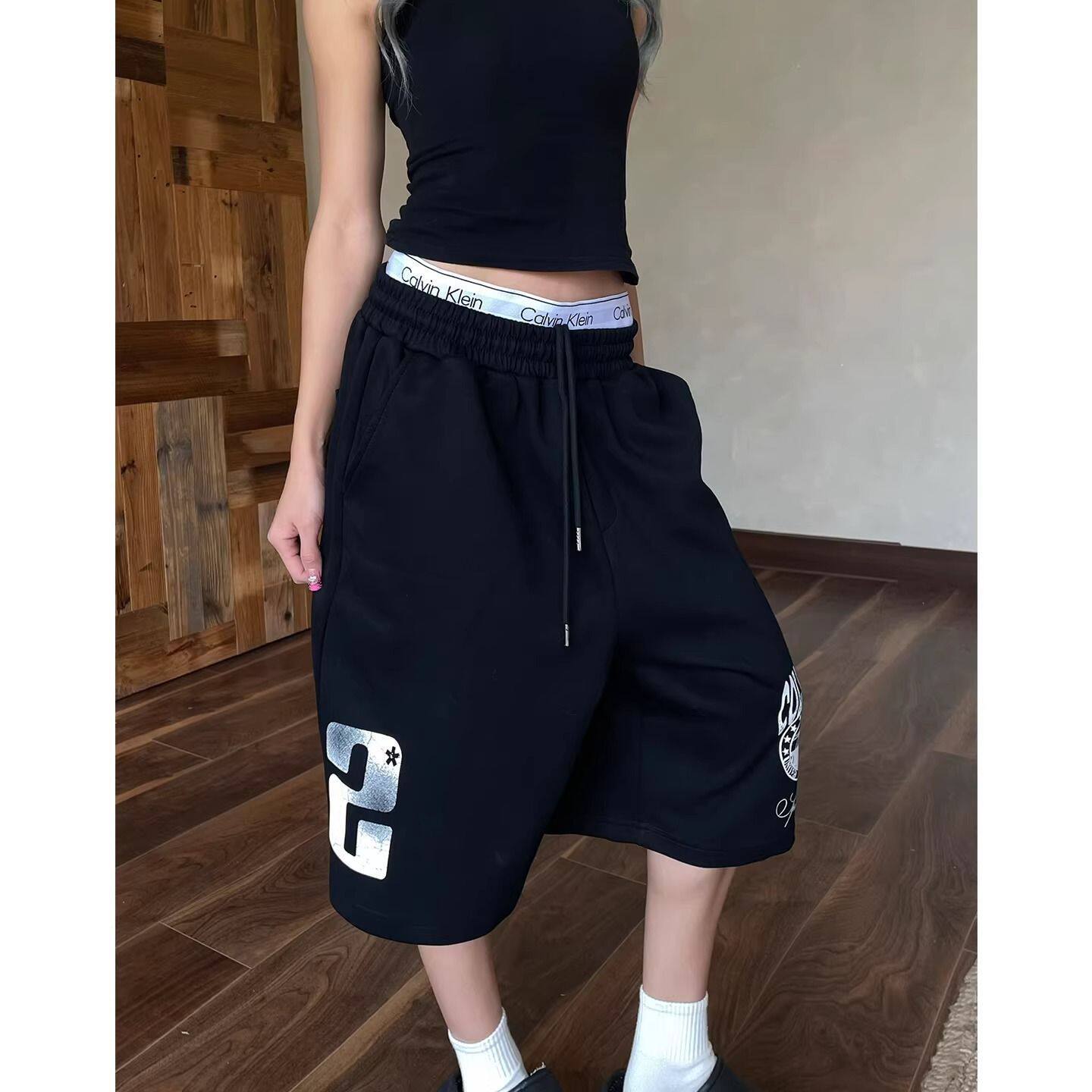 美式复古印花阔腿短裤女篮球七分裤子夏季爵士舞宽松休闲运动卫裤