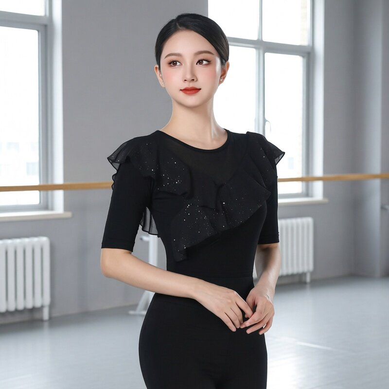 高端形体训练服上衣女连体春夏季莫代尔跳舞走秀黑色导师舞蹈服