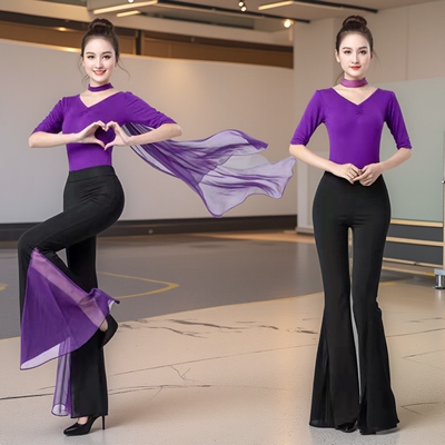 紫色形体服套装女春夏季莫代尔修身上衣可外穿成人导师舞蹈演出服