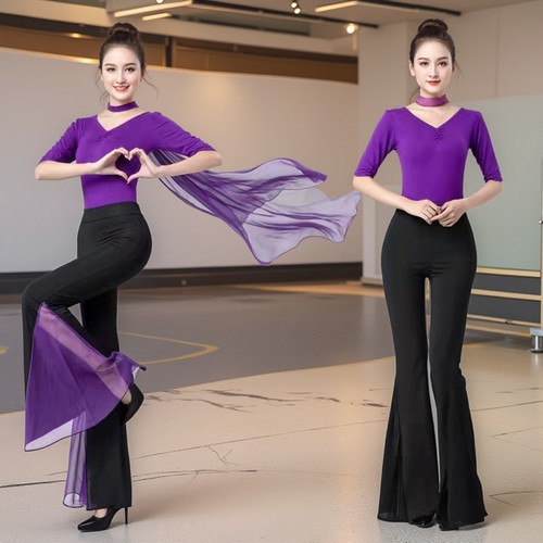 紫色形体服套装女春夏季莫代尔修身上衣可外穿成人导师舞蹈演出服