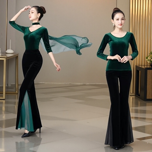 墨绿色金丝绒形体服女套装 V领走秀导师舞蹈服 气质礼仪连体秋冬季