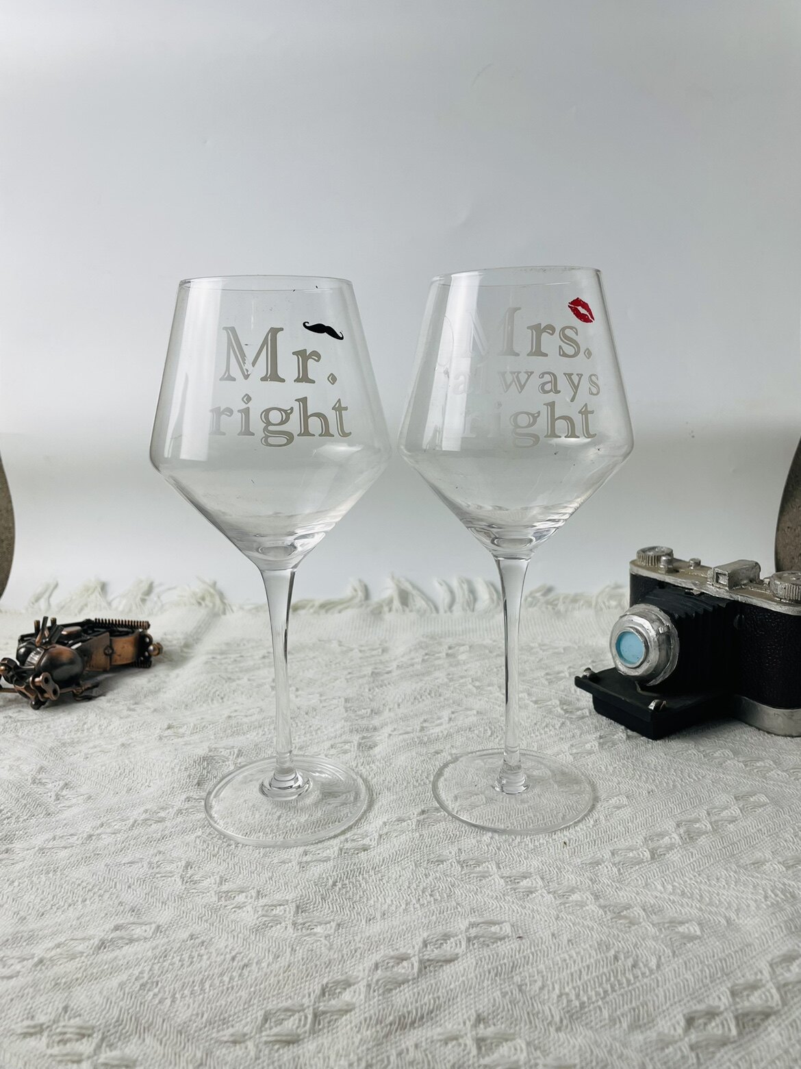 水晶玻璃高脚杯红酒杯Mrs Mr先生女士杯捷克水晶玻璃人工吹制一对