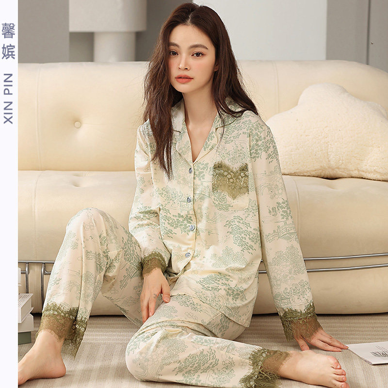 莫代尔棉睡衣女开衫长袖睡衣套装