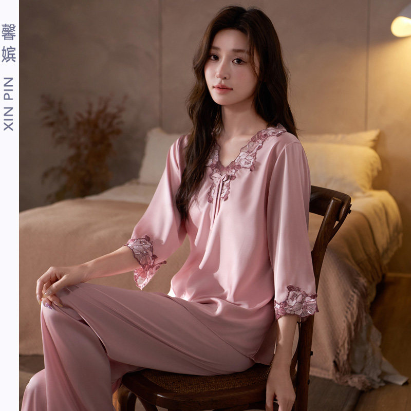 冰丝绸睡衣女春夏V领七分袖套装