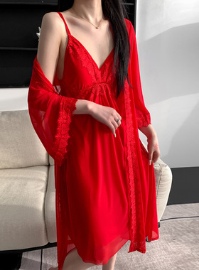 法式网纱睡裙女夏性感V领吊带裙红色新婚情趣纯欲风中长裙两件套