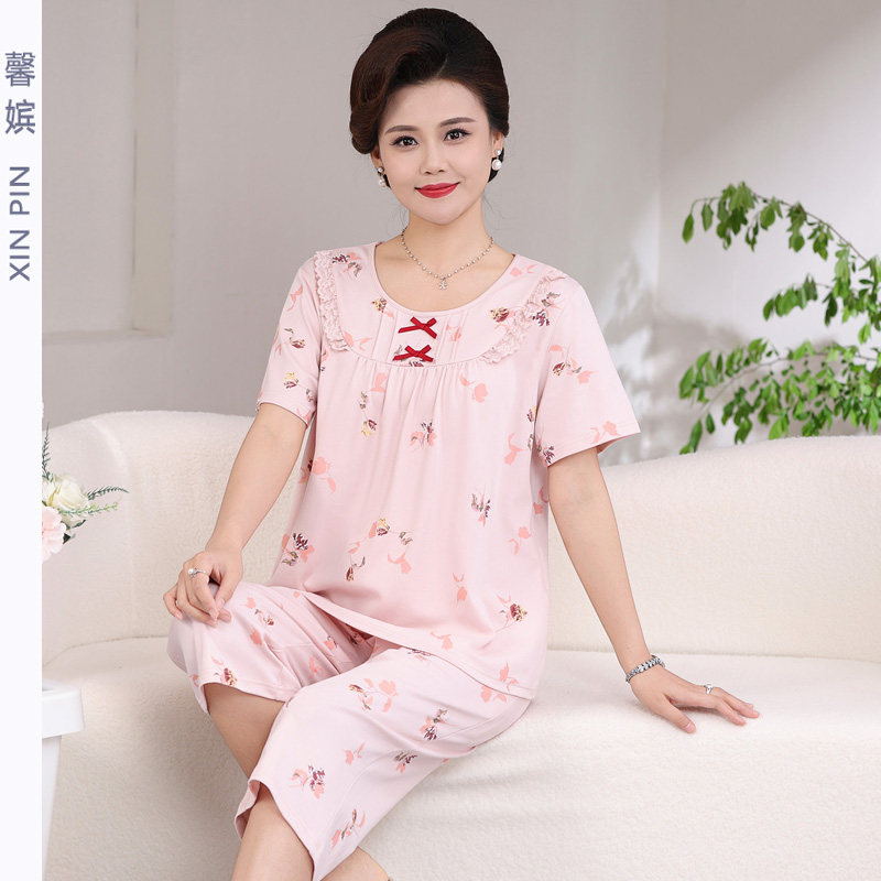 女夏纯棉套头短袖七分裤妈妈睡衣