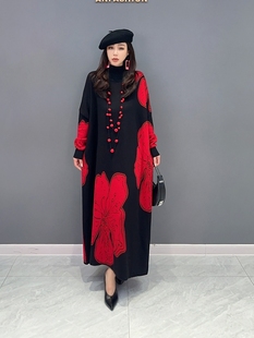 显瘦时尚 2026春季 气质撞色高领针织连衣裙宽松大码 韩版 重工女 款