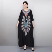 民族风重工刺绣连衣裙女七分袖 2026春季 新款 孔雀海滩长裙宽松度假