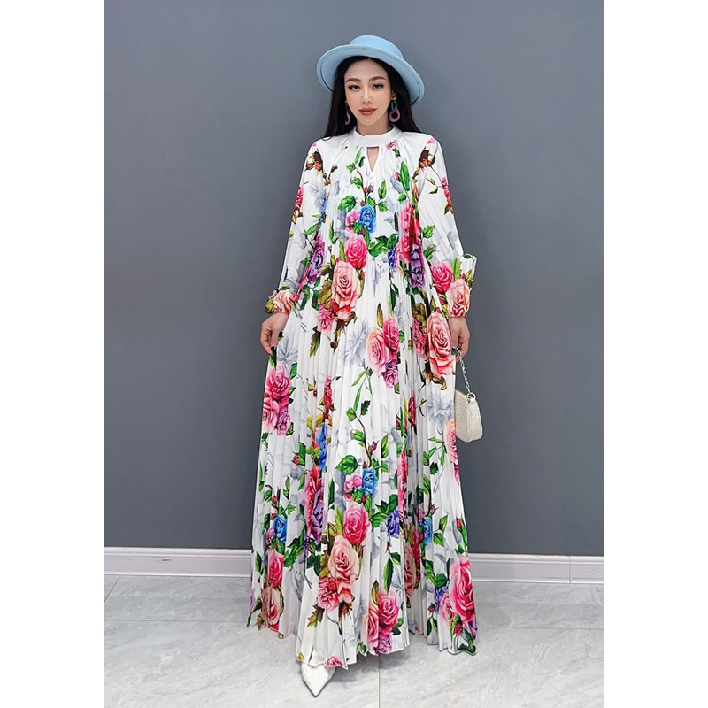 2025 秋新款百褶连衣裙印花大摆长裙华丽优雅淑女时尚休闲大码女