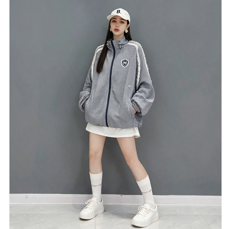小清新韩系棉衣蕾丝花边拉链格纹棉服女宽松休闲显瘦保暖加棉外套