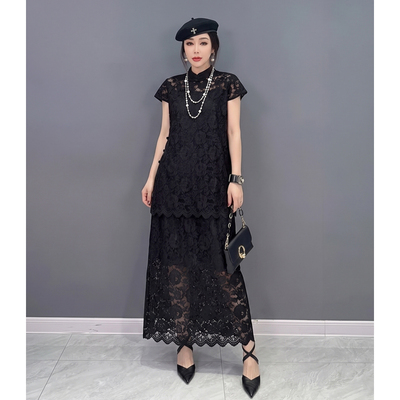 新中式蕾丝立领盘扣夏季女套装
