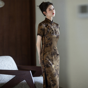 水墨画复古国风长款旗袍2025春夏季上海高端气质女日常改良中国风