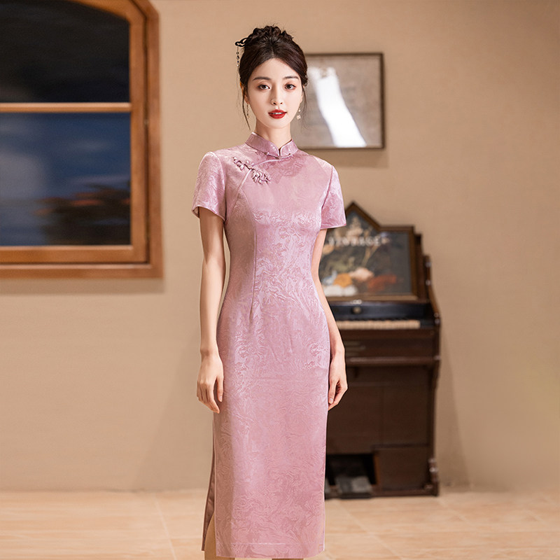 旗袍春夏款高端醋酸粉色长款敬酒服礼服婚宴年轻款改良女喜服气质