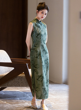 水墨竹叶无袖旗袍2025夏季长款小个子女妈妈高考送考日常可穿绿色