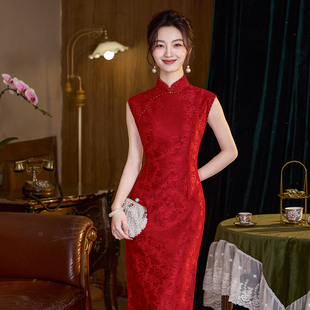 订婚旗袍红色婚宴中式 新款 婚礼敬酒当天新娘便装 夏季 礼服大码 无袖