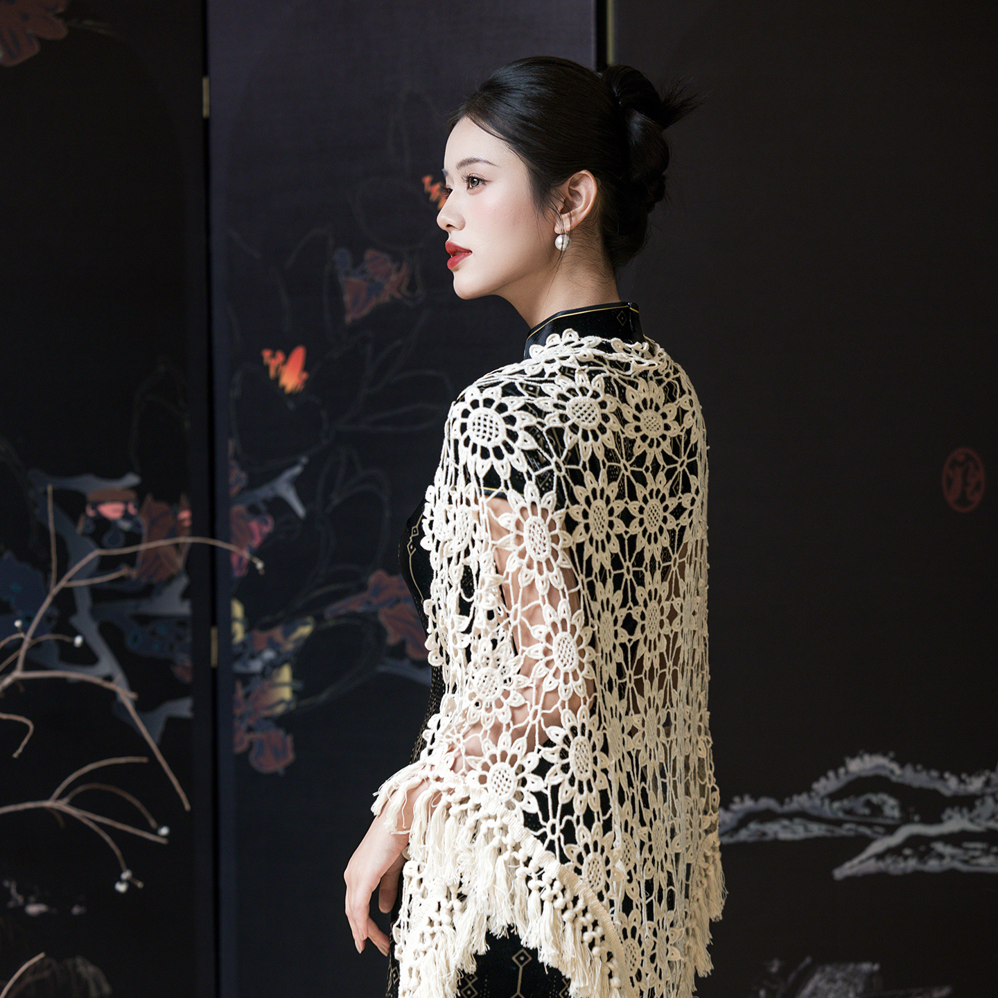 针织花朵旗袍开衫披肩外套2025秋