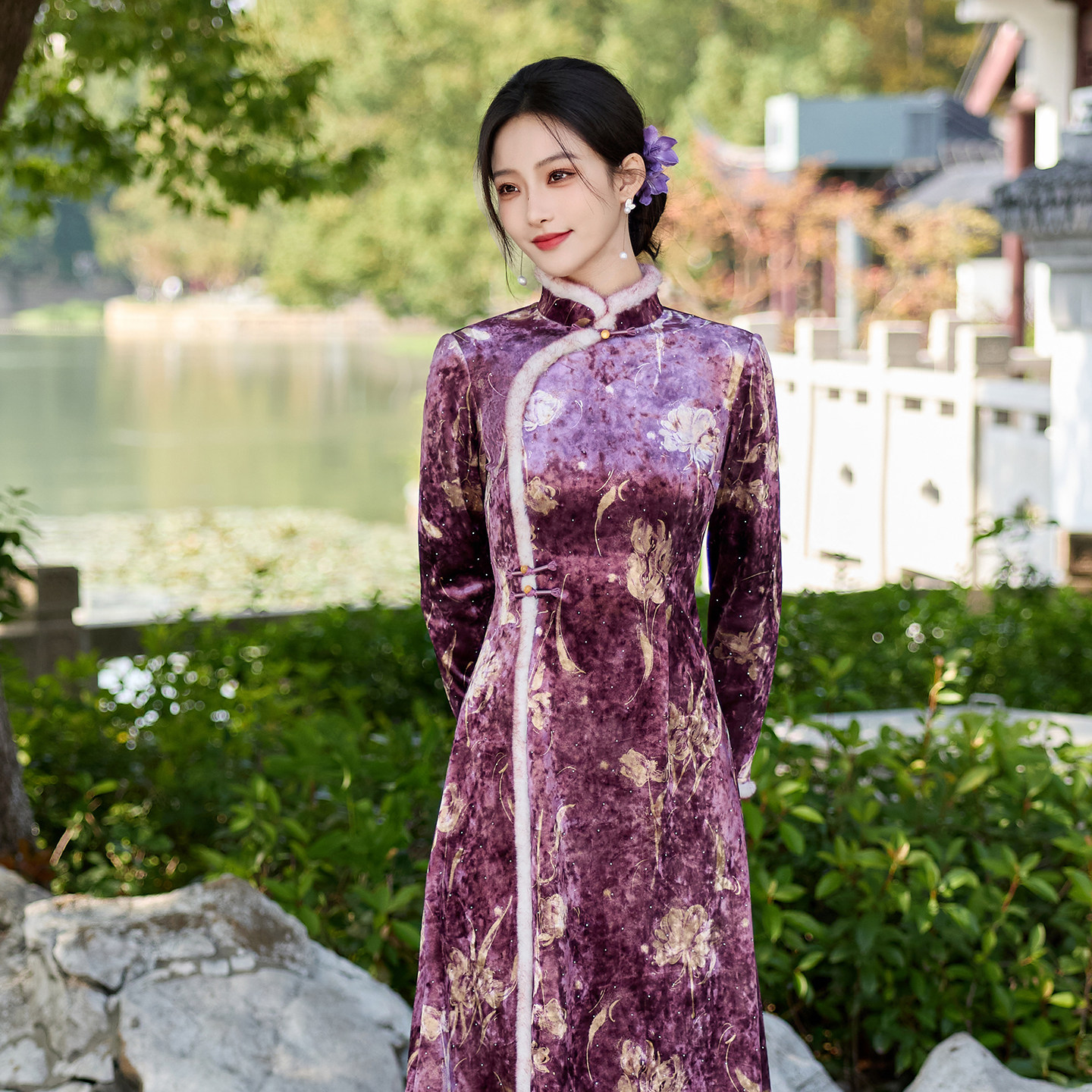 紫色长袖加绒旗袍女秋冬优雅复古高级感收腰修身改良版日常妈妈装