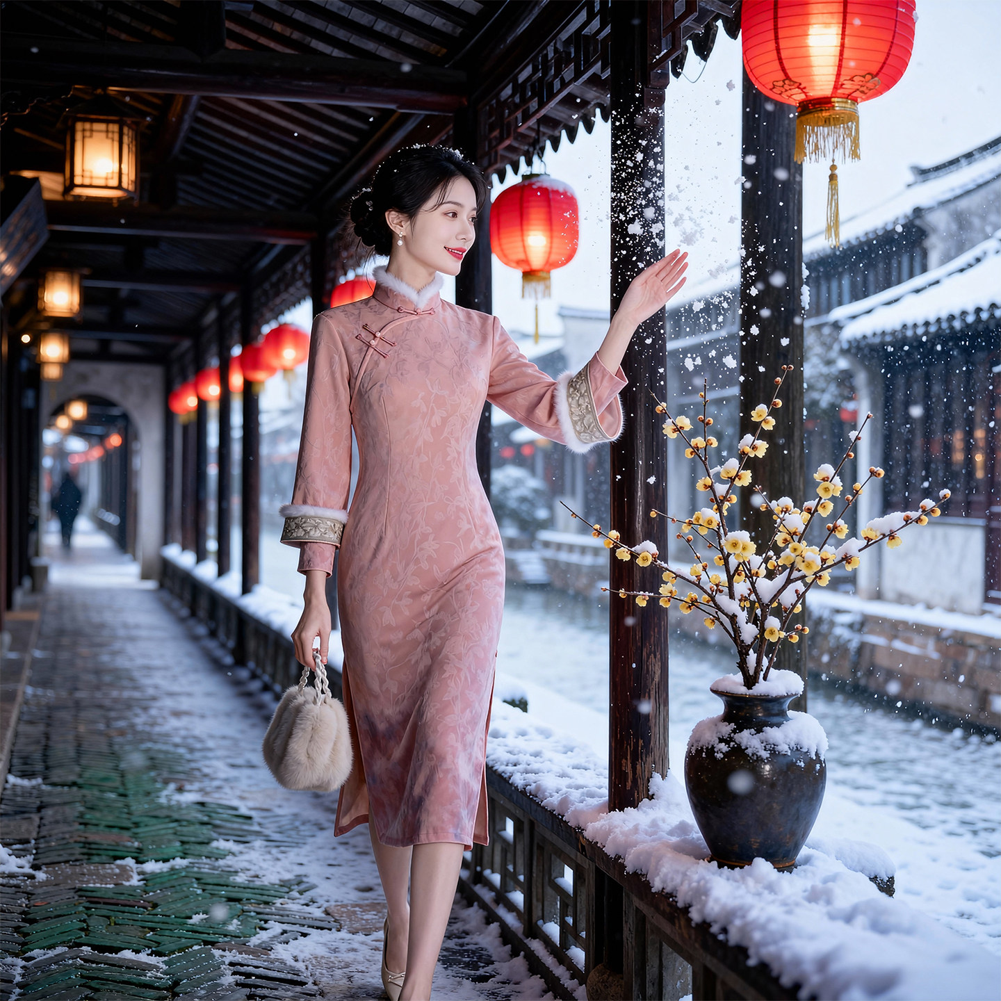 新中式旗袍女2025冬季粉色温柔气质高端收腰修身长袖加绒日常可穿,女装/女士精品,旗袍,淘宝优惠券,粉丝福利购,淘宝优惠卷