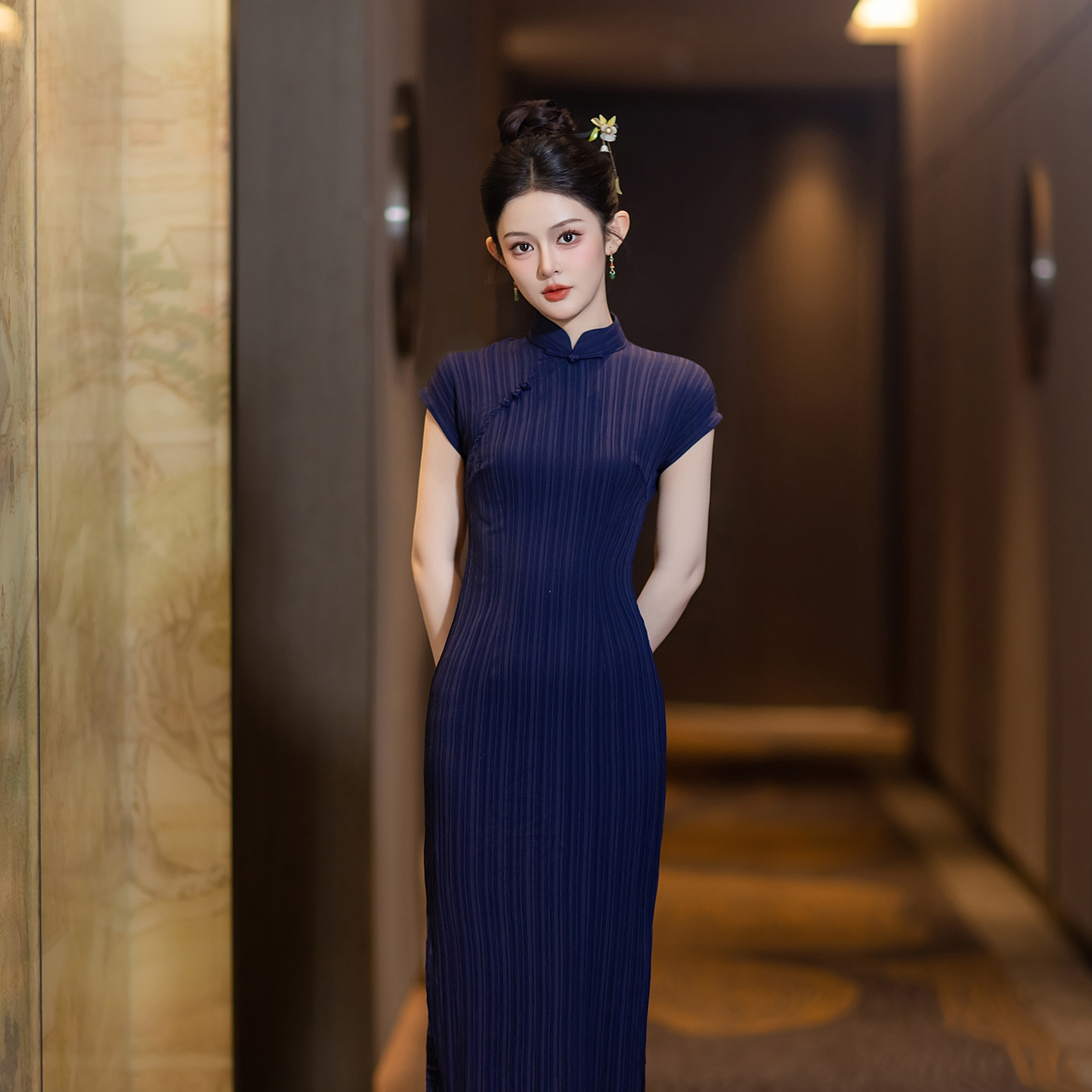 原创蓝色收腰国风旗袍中式改良