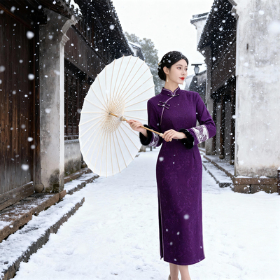 紫色改良旗袍女秋冬新款长袖加绒