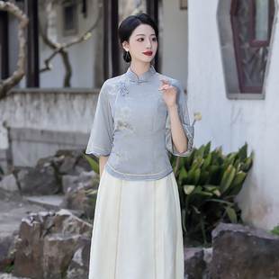 新中式旗袍套装夏季新款年轻女国风印花立领复古日常通勤改良唐装