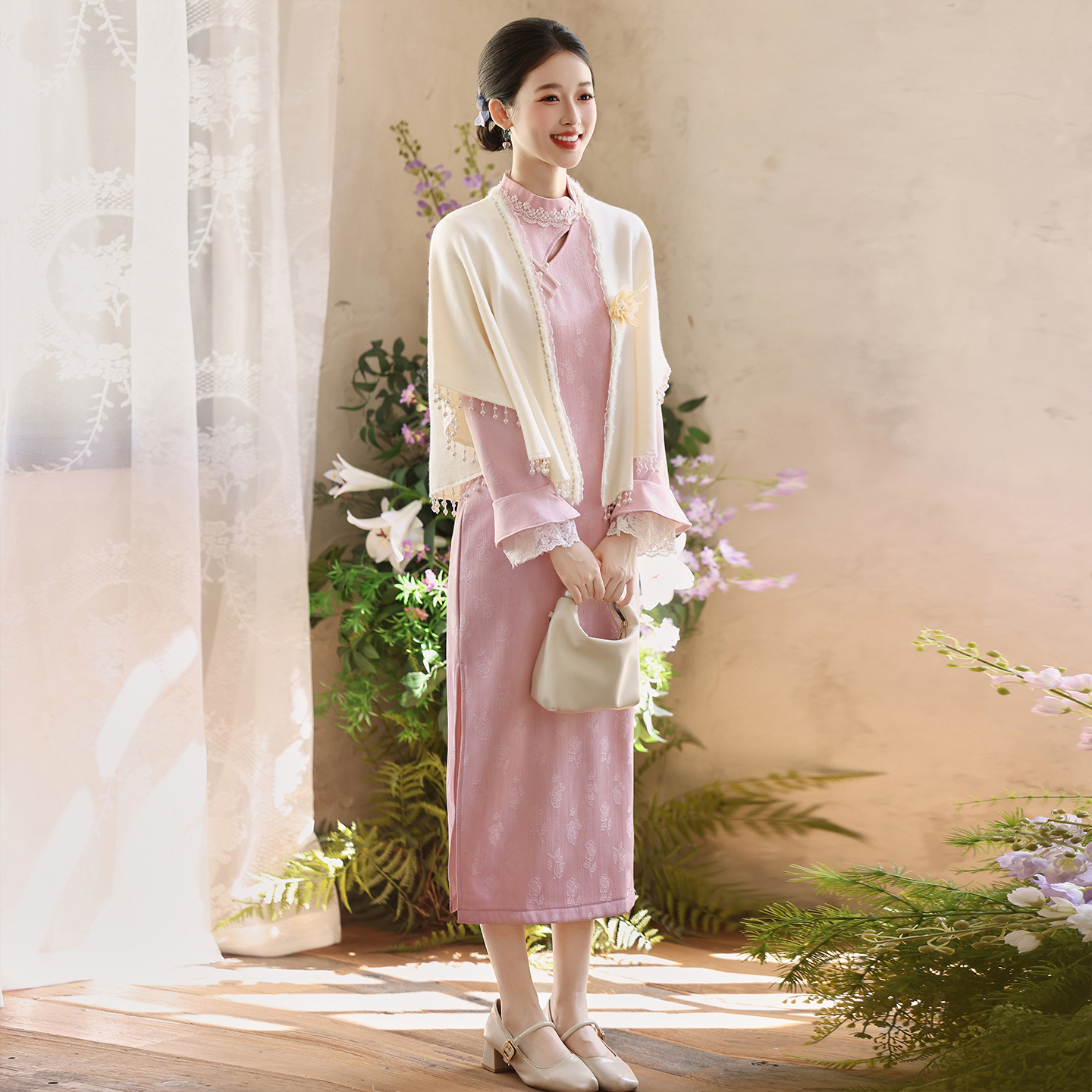 国风白色旗袍披肩女2025新款秋冬