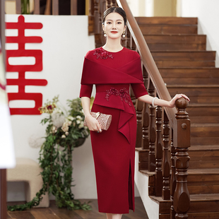 女妈妈礼服喜服喜婆婆婚宴装 秋季 洋气红色结婚 旗袍2025新款 改良版