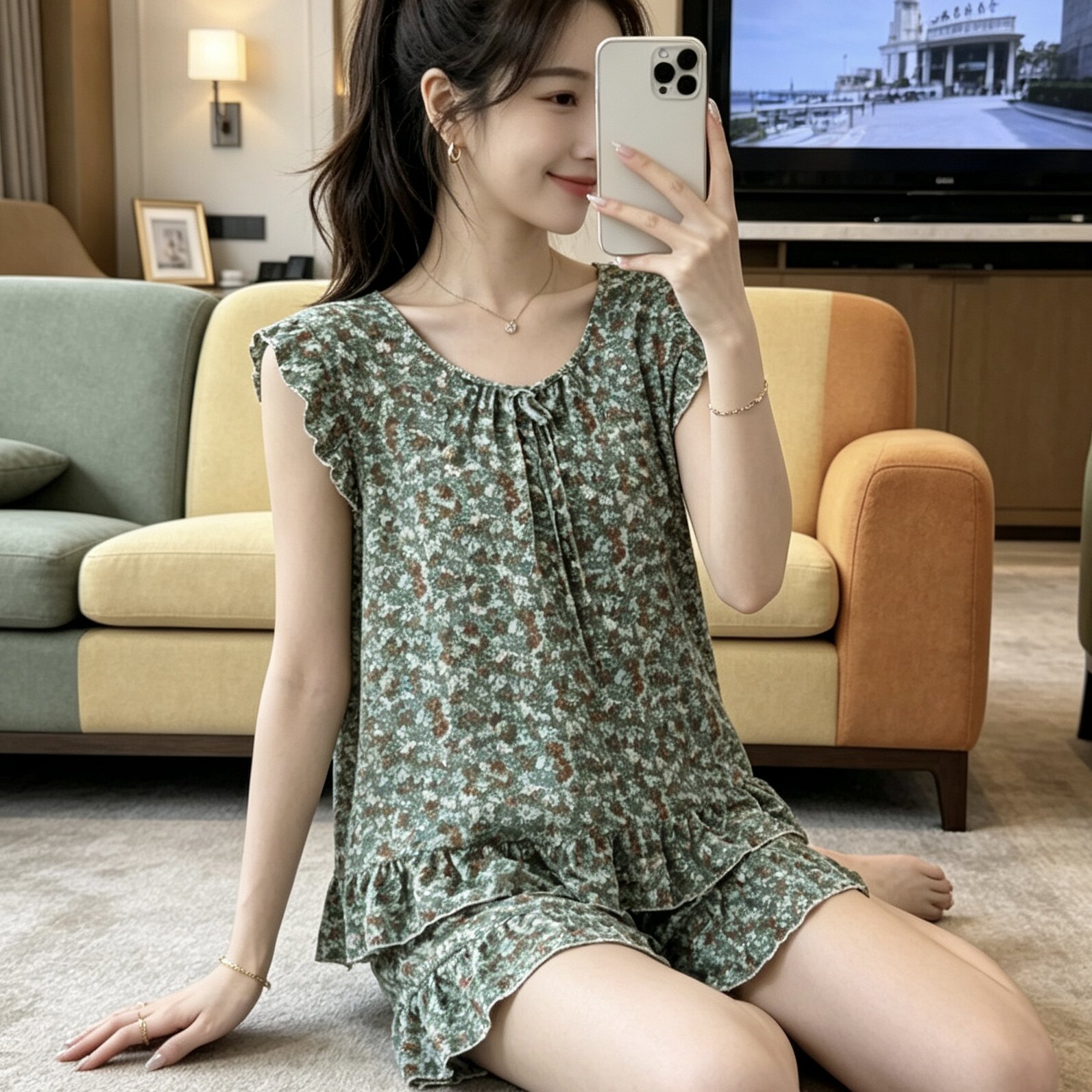夏季波点荷叶边女睡衣套装可外穿