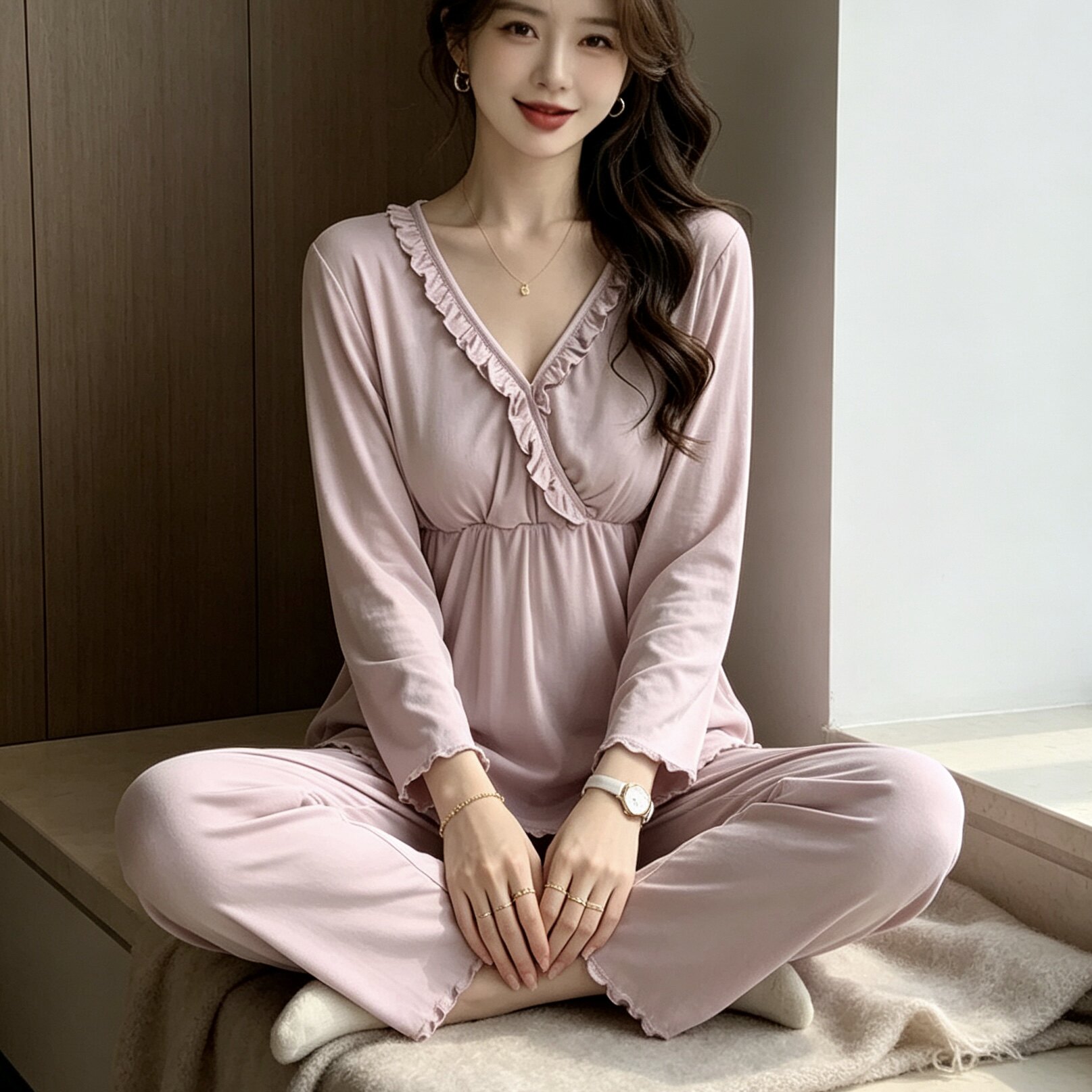 春秋睡衣女V领木耳边收腰长袖长裤粉色宽松温柔休闲家居服两件套