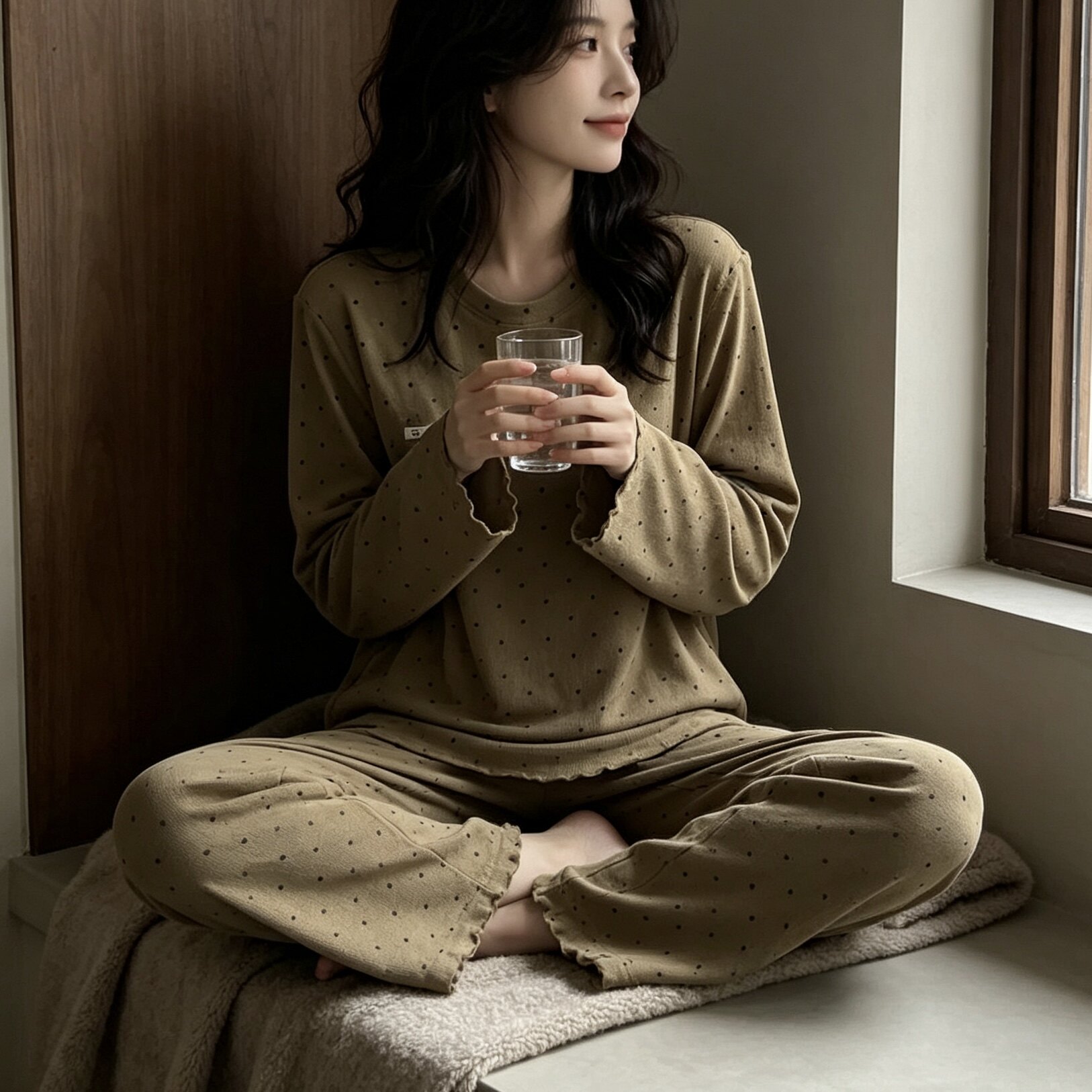 女棕绿波点圆领宽松睡衣两件套