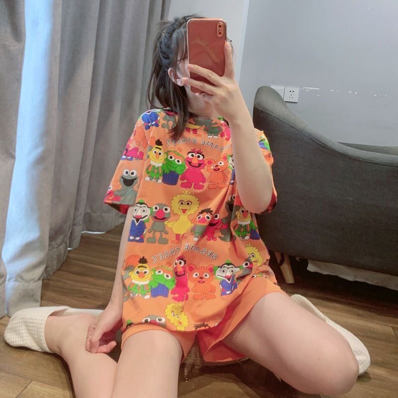 新款卡通潮流睡衣女夏天短袖短裤宽松休闲可外穿居家服套装