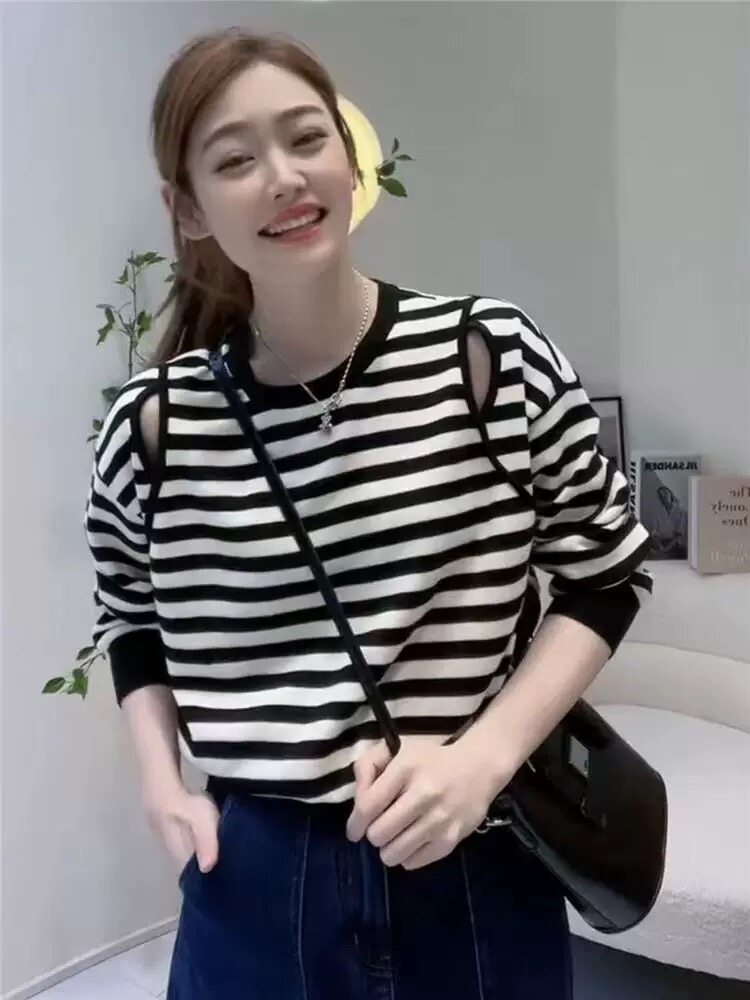 露肩显瘦女长袖秋装2023年新款设计感小众洋气百搭条纹t恤上衣女