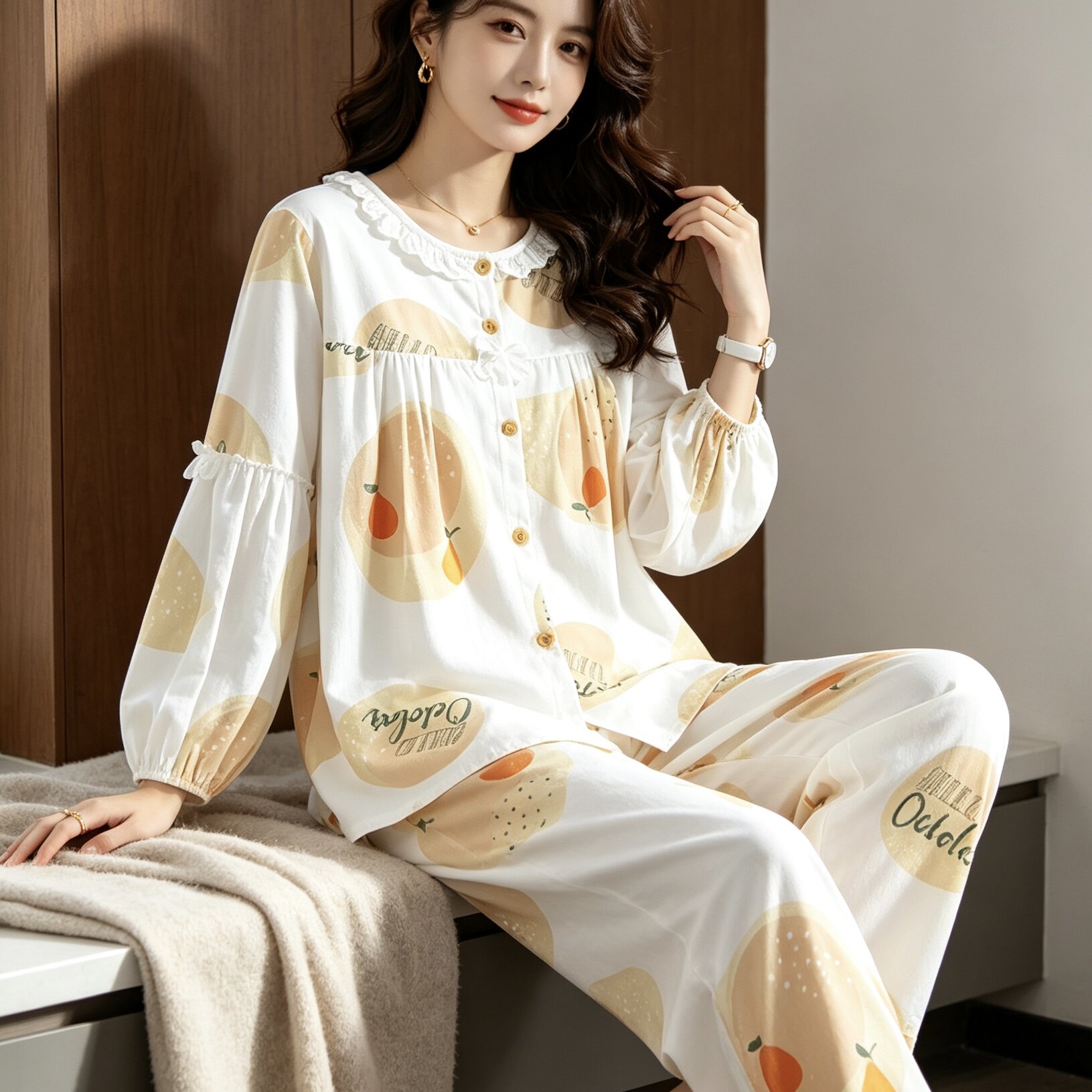 春秋橙子印花睡衣女蕾丝花边圆领宽松灯笼袖长裤可外穿家居服套装