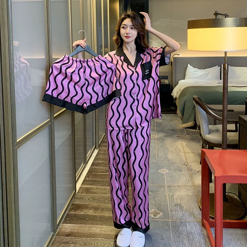 睡衣夏季女2025新款短袖短裤长裤开衫翻领空调服气质三件套家居服