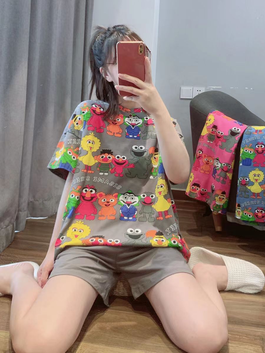 芝麻街可爱卡通睡衣女夏季薄款短睡衣/家居服套装