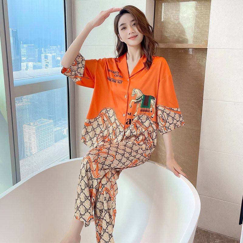 夏季睡衣女半袖长裤休闲宽松大码薄款翻领开衫家居服女高级感新品