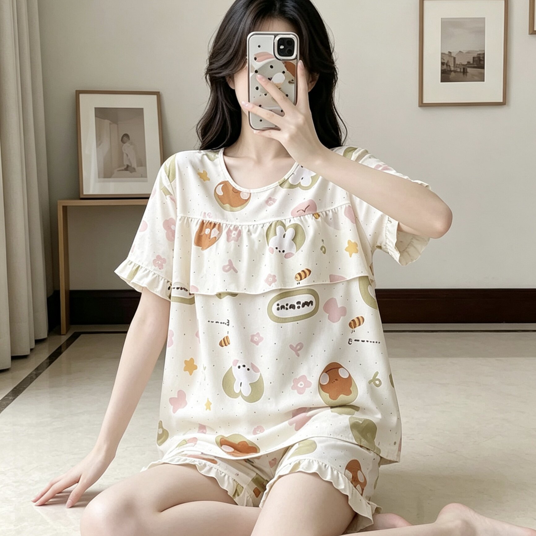 甜美少女防凸点睡衣夏季短袖短裤卡通小兔子印花图案透气居家服