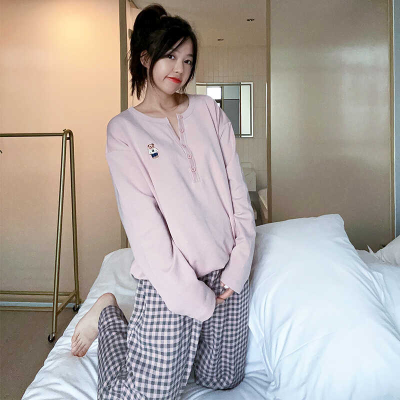 卡通可爱刺绣小熊格子睡衣