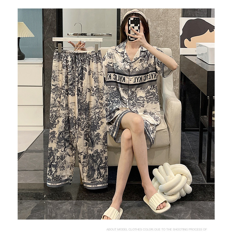 睡衣夏季女款2025新款短袖短裤长裤开衫水墨画气质三件套外穿家居