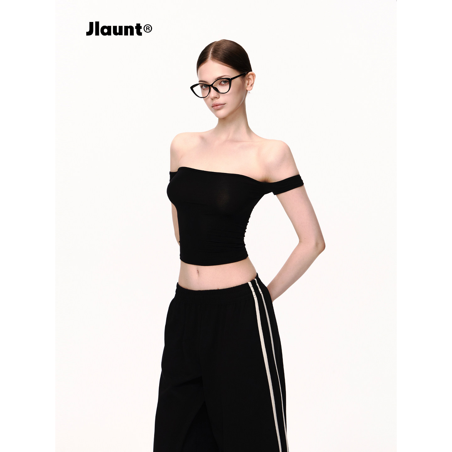 JLAUNT黑色一字肩t恤女修身显瘦
