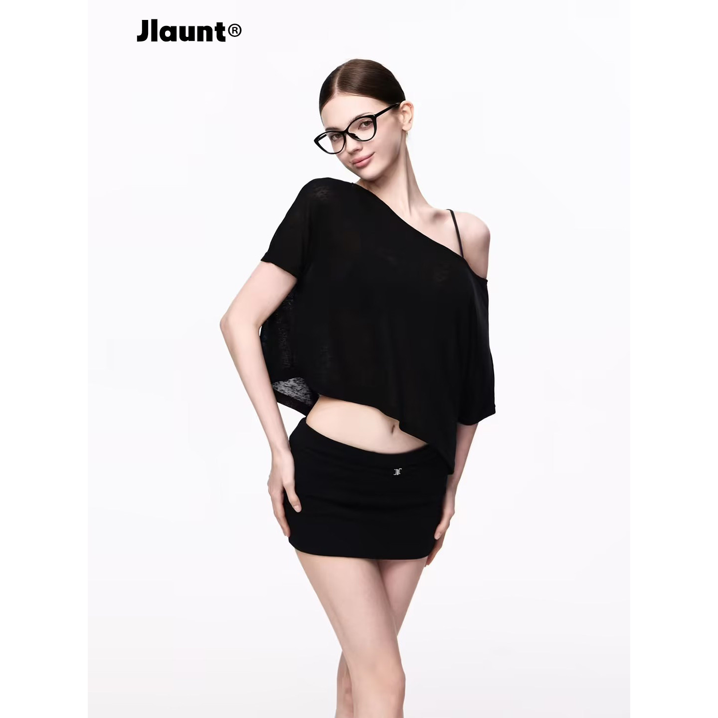 JLAUNT 莱赛尔黑色斜肩t恤女夏宽松短款短袖罩衫美式辣妹露肩上衣
