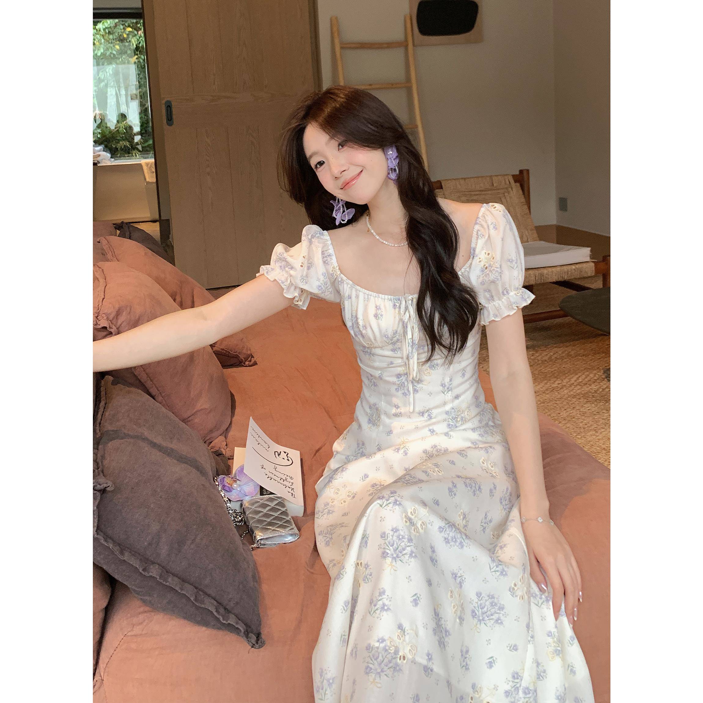Even一雯【紫鸢花落】韩系温柔优雅连衣裙女夏季小众设计短袖长裙