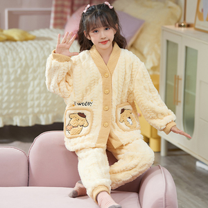 女童睡衣2023秋冬季款法兰绒儿童女孩布丁狗加厚珊瑚绒亲子家居服