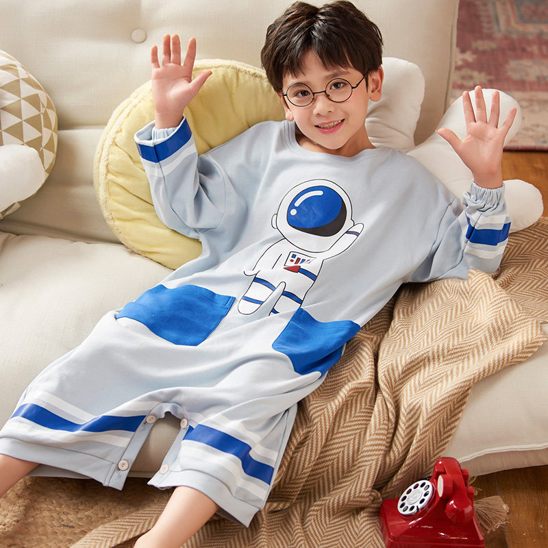 儿童连体睡衣男童春秋薄款纯棉长袖防踢被男孩夏季宝宝连身家居服
